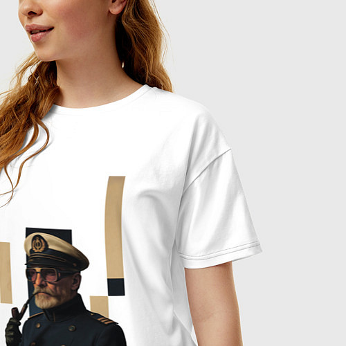 Женская футболка оверсайз Мужчина капитан с трубкой поп-арт ретро 1970-е / Белый – фото 3