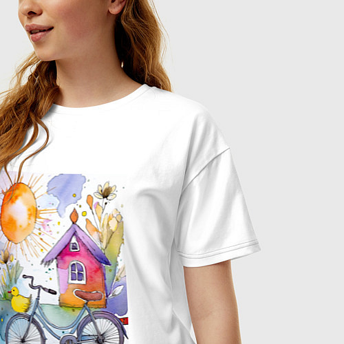 Женская футболка оверсайз Утенок на велосипеде - акварель / Белый – фото 3