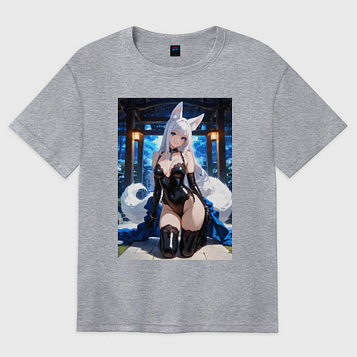 Женская футболка оверсайз Белая лисица в откровенном наряде / Меланж – фото 1