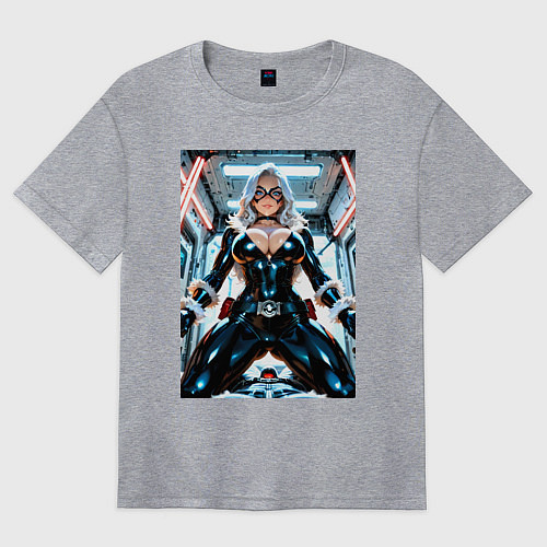 Женская футболка оверсайз Черная кошка в сейфе банка / Меланж – фото 1