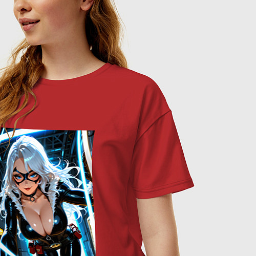 Женская футболка оверсайз Черная кошка в сейфе банка / Красный – фото 3