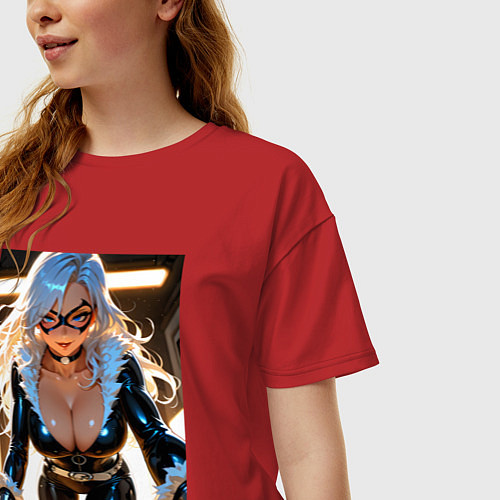 Женская футболка оверсайз Черная кошка в комнате / Красный – фото 3