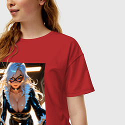 Футболка оверсайз женская Черная кошка в комнате, цвет: красный — фото 2