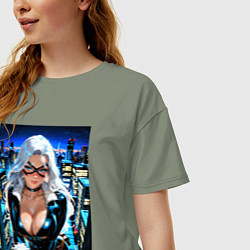 Футболка оверсайз женская Черная кошка на крыше, цвет: авокадо — фото 2