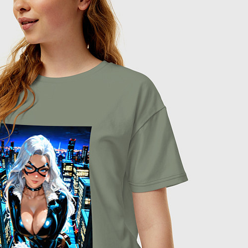 Женская футболка оверсайз Черная кошка на крыше / Авокадо – фото 3