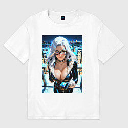 Футболка оверсайз женская Черная кошка с брилиантом на крыше здания, цвет: белый