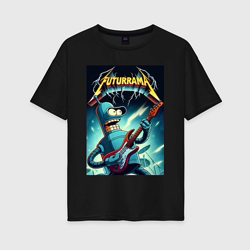 Женская футболка оверсайз Рок гитарист Бендер и неоновые молнии / Черный – фото 1