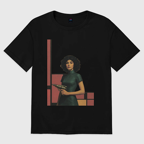 Женская футболка оверсайз Ретрофутуризм девушка с бластером поп-арт 1970-е / Черный – фото 1