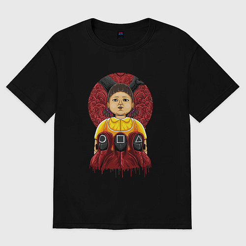 Женская футболка оверсайз Кукла и надзиратели игра в кальмара / Черный – фото 1