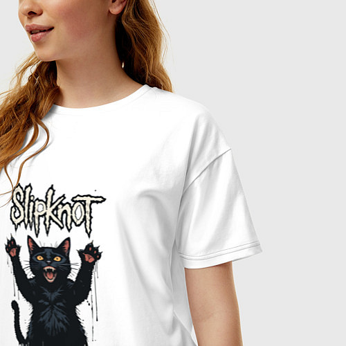 Женская футболка оверсайз Slipknot Кот с поднятыми лапами / Белый – фото 3