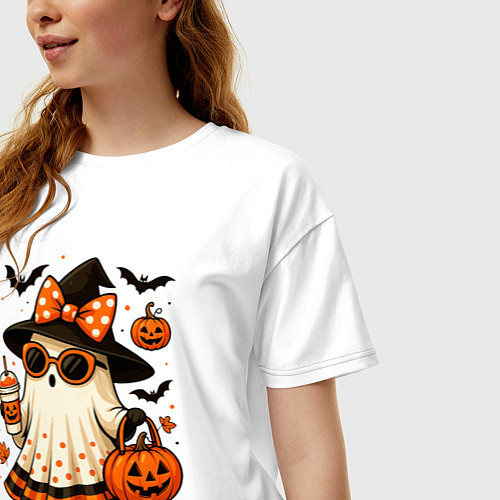 Женская футболка оверсайз Модное привидение с кофе на хэллоуин / Белый – фото 3