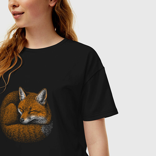 Женская футболка оверсайз Спящий рыжий лисёнок / Черный – фото 3