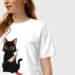 Футболка оверсайз женская Черный котик с ножом, цвет: белый — фото 2