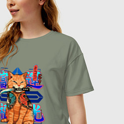 Футболка оверсайз женская Татуха с котом якудза с мечом катана киберпанк, цвет: авокадо — фото 2