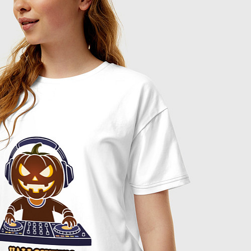 Женская футболка оверсайз Хэллоуин, тыква диджей, музыка / Белый – фото 3