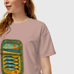 Футболка оверсайз женская Консервы - сардины и море, цвет: пыльно-розовый — фото 2