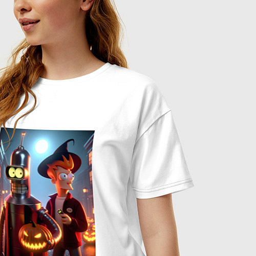 Женская футболка оверсайз Бендер и Фрай в шляпе - ночь на хэллоуин / Белый – фото 3