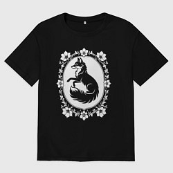 Футболка оверсайз женская Лиса в цветочной раме, цвет: черный