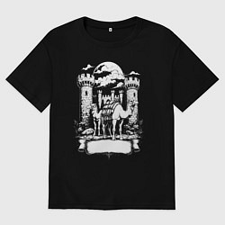 Футболка оверсайз женская Верблюды под луной у замка Челябинск, цвет: черный