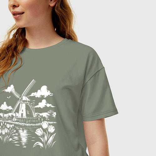 Женская футболка оверсайз Мельница и тюльпаны / Авокадо – фото 3