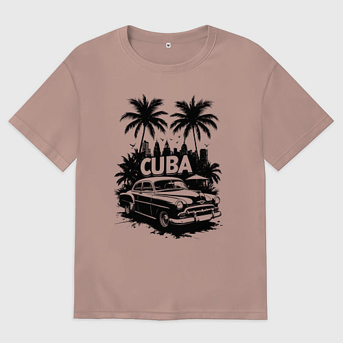 Женская футболка оверсайз Ретро-Куба пальмы и автомобиль / Пыльно-розовый – фото 1