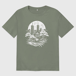 Футболка оверсайз женская Лунный японский город, цвет: авокадо