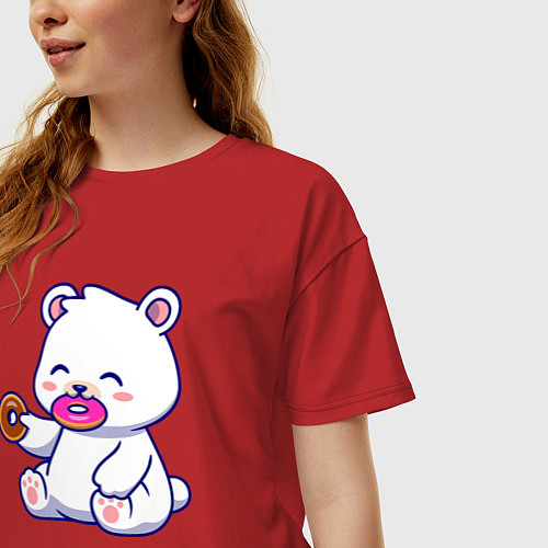 Женская футболка оверсайз Мишка с пончиками / Красный – фото 3