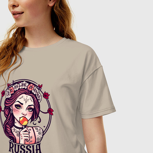 Женская футболка оверсайз Русская девушка в узорах / Миндальный – фото 3