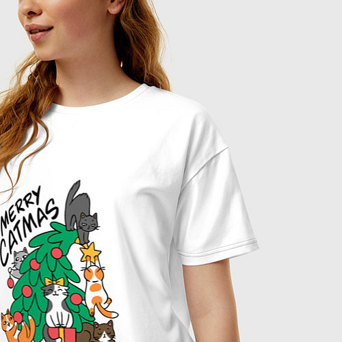 Женская футболка оверсайз Merry catmas / Белый – фото 3