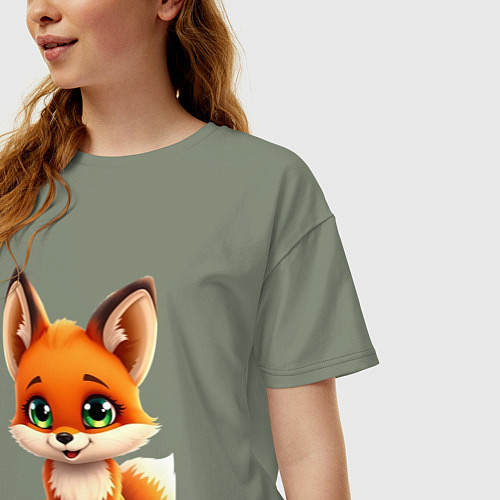 Женская футболка оверсайз Пушистая радость: Лисёнок в мультяшном стиле / Авокадо – фото 3