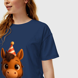 Футболка оверсайз женская Новогодняя лошадка голова, цвет: тёмно-синий — фото 2