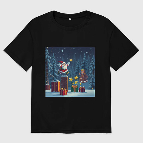 Женская футболка оверсайз Дед Морозио и Принцесса Снегурочка: вперёд за звёз / Черный – фото 1