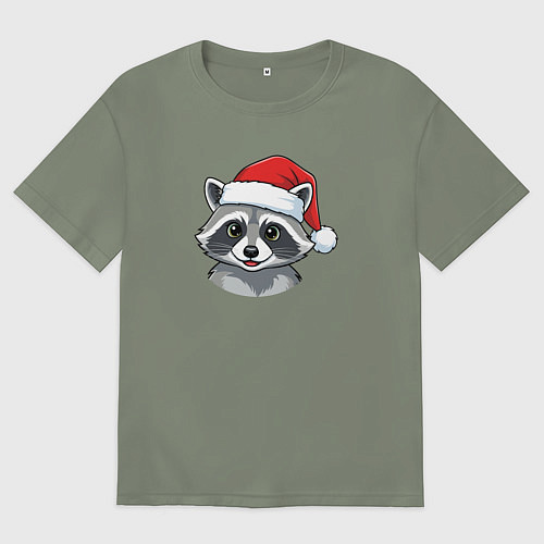 Женская футболка оверсайз Новогодний портрет енота / Авокадо – фото 1