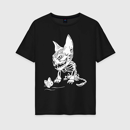 Женская футболка оверсайз Скелет кота / Черный – фото 1