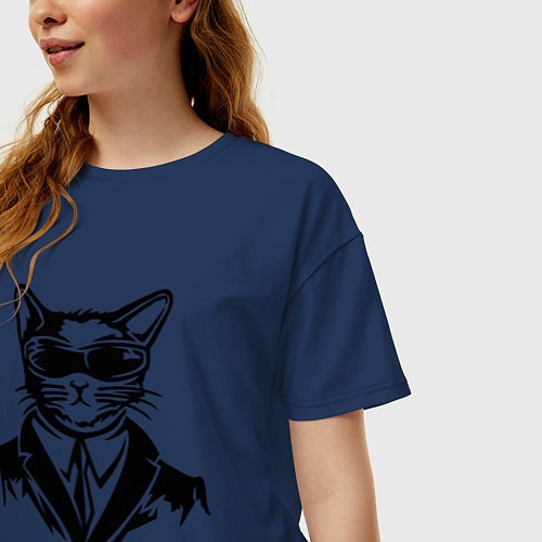 Женская футболка оверсайз Кот в черном / Тёмно-синий – фото 3