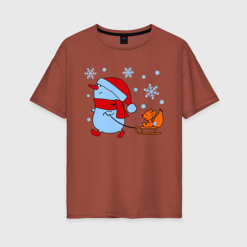 Женская футболка оверсайз Снеговик с санками / Кирпичный – фото 1