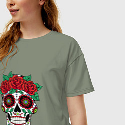 Футболка оверсайз женская Расписной женский череп, цвет: авокадо — фото 2
