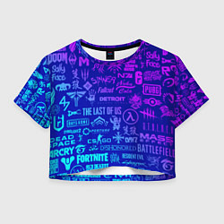 Футболка 3D укороченная женская Неоновые геймерские лого, цвет: 3D-принт