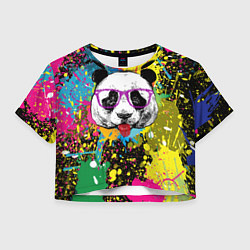 Футболка 3D укороченная женская Панда хипстер в брызгах краски, цвет: 3D-принт