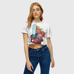 Футболка 3D укороченная женская Дэндзи, Почита и бензопила, цвет: 3D-принт — фото 2
