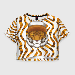 Футболка 3D укороченная женская Тигр в кепке, цвет: 3D-принт