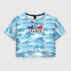 Футболка 3D укороченная женская Russia: синий камфуляж, цвет: 3D-принт