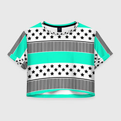 Футболка 3D укороченная женская Комбинированный полосатый черно-голубой узор, цвет: 3D-принт