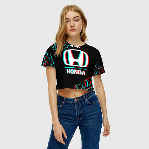 Женский топ Значок Honda в стиле glitch на темном фоне / 3D-принт – фото 3