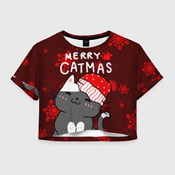 Женский топ Новогодние снежинк и котик в шапочке