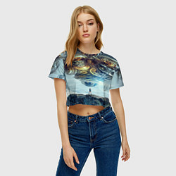 Футболка 3D укороченная женская Космический корабль и девушка, цвет: 3D-принт — фото 2