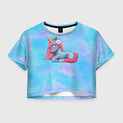 Футболка 3D укороченная женская Синий единорог с розовой гривой, цвет: 3D-принт