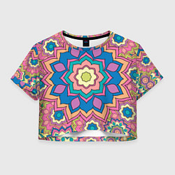Футболка 3D укороченная женская Цветочный разноцветный паттерн, цвет: 3D-принт