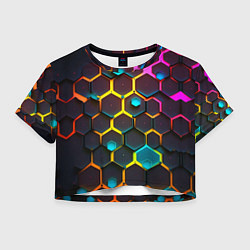Футболка 3D укороченная женская Неоновые абстрактные соты, цвет: 3D-принт