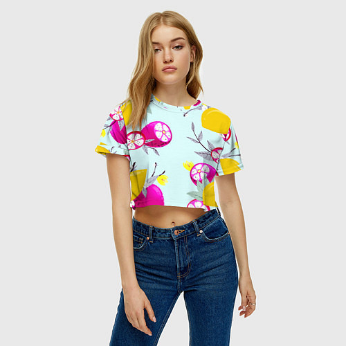 Женский топ Желтые и розовые фрукты с листиками / 3D-принт – фото 3